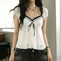 Puff Sleeve Square-Neck Lace-Trim Ruffled Hem Loose-Fit Blouse