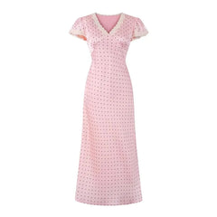 Cap Sleeve V-Neck Lace-Trim Polka Dot Maxi Pencil Dress