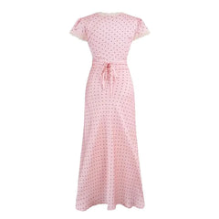 Cap Sleeve V-Neck Lace-Trim Polka Dot Maxi Pencil Dress