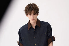 Elbow-Sleeve Contrast Collar Button-Up Shirt
