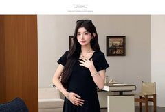 Maternity Short Sleeve Square Neck Plain Maxi A-Line Dress