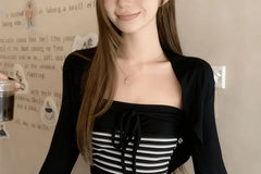 Set: Striped Bow Swimsuit + Plain Cover Up Jacket