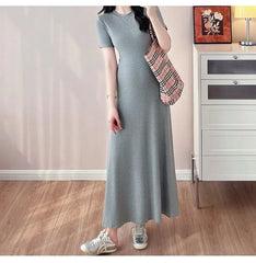 Maternity Short-Sleeve Crew Neck Plain Maxi T-Shirt Dress