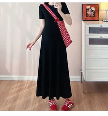 Maternity Short-Sleeve Crew Neck Plain Maxi T-Shirt Dress