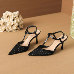 Stiletto Pointed Toe Rhinestone Mesh Slingback Sandals