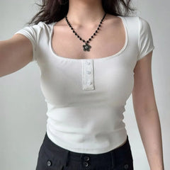 Short-Sleeve Scoop Neck Plain Slim Fit Crop T-Shirt