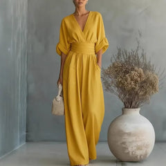 3/4 Sleeve V-Neck Plain Wide Leg Jumpsuit