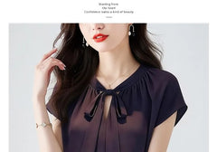 Short-Sleeve Tie-Neck Plain Blouse
