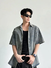 Short Sleeve Collared Washed Faux Pearl Beaded Denim Shirt
