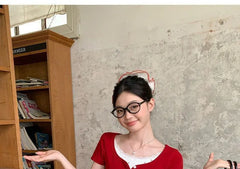 Mock Two-Piece Short-Sleeve Two-Tone Lace Trim Henley T-Shirt