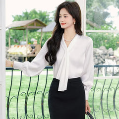 Long Sleeve V-Neck Plain Satin Blouse / High Waist Plain Midi Pencil Skirt / Pleated Midi A-Line Skirt