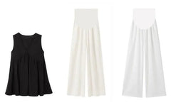 Maternity Sleeveless V-Neck Plain Top / High Waist Wide Leg Pants / Set