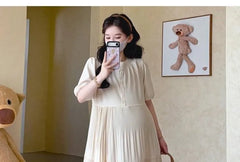 Maternity Short-Sleeve Crewneck Pleated Maxi A-Line Dress