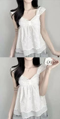 Cap-Sleeve V-Neck Perforated Flowy Crop Top