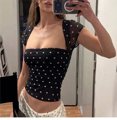 Cap Sleeve Square-Neck Polka Dot Slim-Fit Crop Top