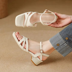 Chunky Heel Square Toe Plain Faux Leather Sandals