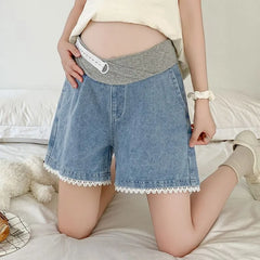 Maternity Low Rise Lace Trim Denim Wide Leg Shorts