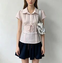 Short Sleeve Collared Lace-Trim Polka Dot Tie-Front Slim-Fit Blouse