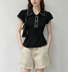 Short Sleeve Collared Lace-Trim Polka Dot Tie-Front Slim-Fit Blouse