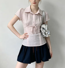 Short Sleeve Collared Lace-Trim Polka Dot Tie-Front Slim-Fit Blouse
