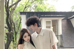 Couple Matching Short-Sleeve Dotted Button-Up Shirt / Halter-Neck Ruffled Mini A-Line Dress