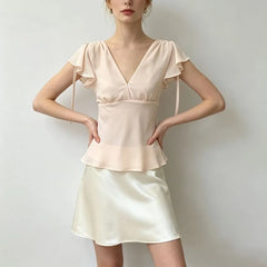 Short Sleeve V-Neck Plain Chiffon Slim-Fit Blouse