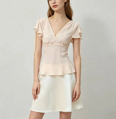 Short Sleeve V-Neck Plain Chiffon Slim-Fit Blouse