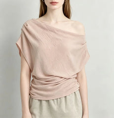 Short Sleeve Cold Shoulder Plain Ruched Slim-Fit Top