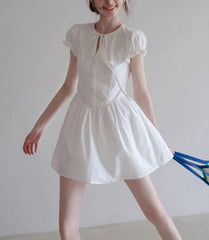 Short Puff Sleeve Tie-Front Plain Pointelle A-Line Dress (Various Designs)