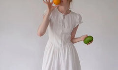 Short Puff Sleeve Tie-Front Plain Pointelle A-Line Dress (Various Designs)