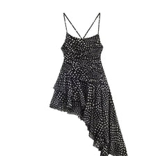 Spaghetti Strap Polka Dot Ruched Slip Asymmetrical Dress