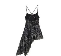 Spaghetti Strap Polka Dot Ruched Slip Asymmetrical Dress