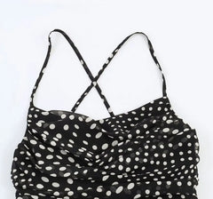 Spaghetti Strap Polka Dot Ruched Slip Asymmetrical Dress
