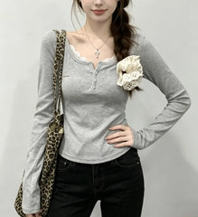 Long-Sleeve Henley Plain Lace Trim Tee