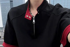 Elbow-Sleeve Stand Collar Contrast Trim Half-Zip T-Shirt