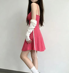 Set: Spaghetti Strap Dotted Mini A-Line Dress + Light Scarf