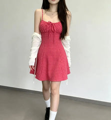 Set: Spaghetti Strap Dotted Mini A-Line Dress + Light Scarf