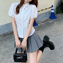 Puff-Sleeve Plain Button-Up Shirt