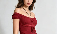 Short Sleeve Off Shoulder Plain Lace Panel Tie-Front Sheer Top