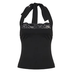 Halter Neck Lace Panel Plain Slim-Fit Crop Tank Top