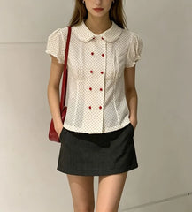 Puff Sleeve Doll Collar Polka Dot Slim-Fit Blouse