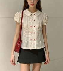 Puff Sleeve Doll Collar Polka Dot Slim-Fit Blouse