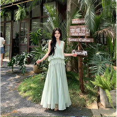 Sleeveless V-Neck Plain Lace Trim Maxi Smock Dress
