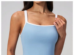 Sleeveless Square Neck Contrast Trim Padded Backless Yoga Romper