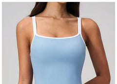 Sleeveless Square Neck Contrast Trim Padded Backless Yoga Romper