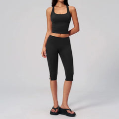 Set: Square Neck Plain Padded Yoga Tank Top + Mid Rise Slit Capri Yoga Pants