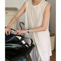 Set: Sleeveless Round Neck Plain Panel Slit Top + High Waist Wide Leg Pants