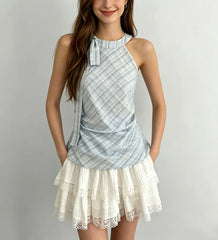 Halter Neck Knotted Plain Slim-Fit Tank Top