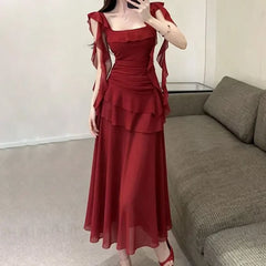 Ruffle Trim Sleeveless Square Neck Plain Maxi A-Line Dress