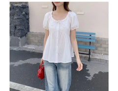 Short Sleeve Round Neck Plain Bow Ruffle Blouse